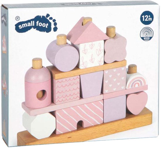Doos met roze en paarse houten stapelblokken, waaronder een huis, regenboog en hart.