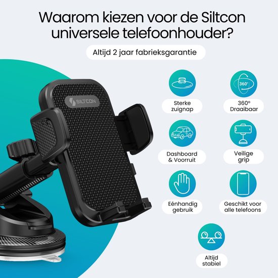 Siltcon® Telefoonhouder Auto - Extra Sterkte Zuignap voor Dashboard en Raam - Telefoonhouders Auto - GSM Houder Auto - Universeel voor alle Telefoons - Verstelbaar - Zwart
