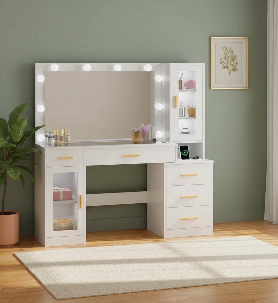 Luxe Make-up Kaptafel met Verlichting, Spiegel en Opberglades 125x40x140 cm – Novihome