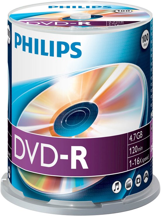 Philips DVD-R spindel met 100 discs. Opdruk met blauwe en witte golvende lijnen, en een regenboogkleurige CD-reflectie.