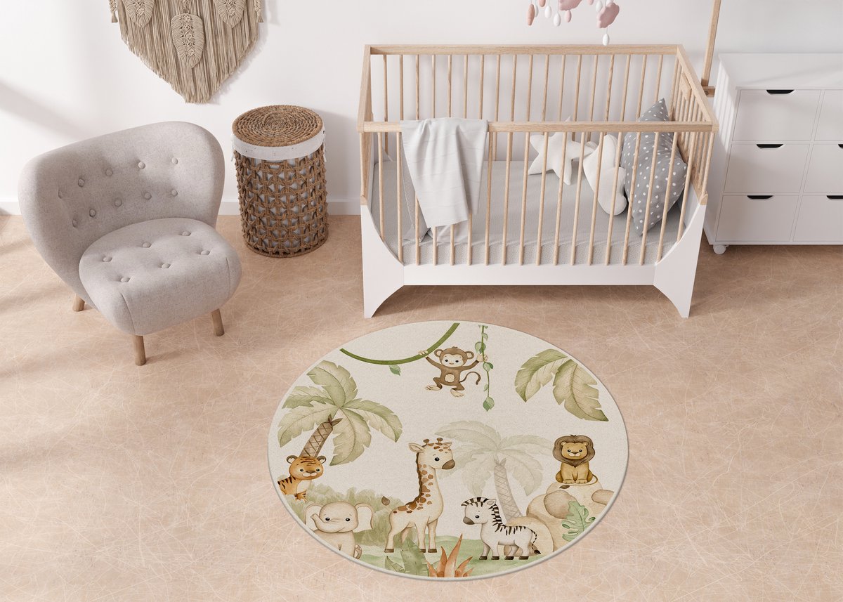 Vloerkleed Savannah Joy Oliver Robins-kinderkamer-jungle-giraf-zebra-aapje-olifant-leeuw
