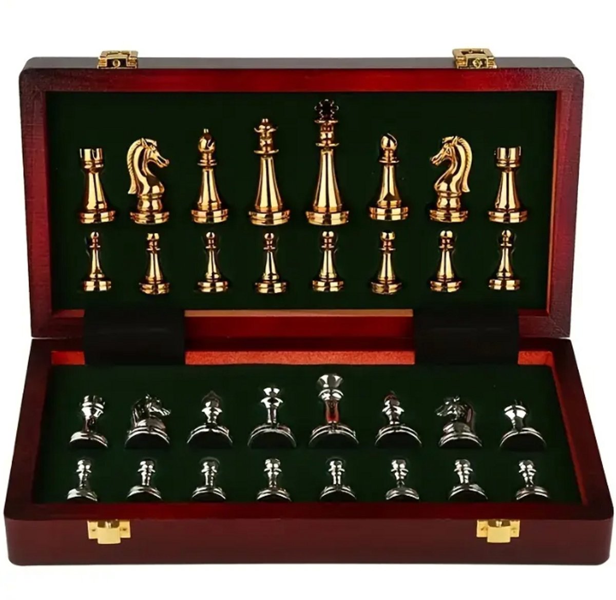 Vintage Schaakset – Opvouwbaar Houten Schaakbord met Zinklegering Schaakstukken