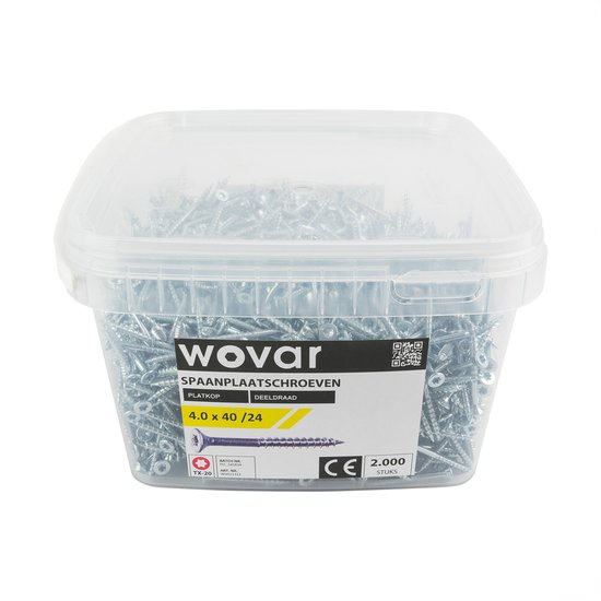 Wovar emmer met 2.000 verzinkte spaanplaatschroeven, 4.0 x 40 mm, deelddraad, platkop, TX-20.