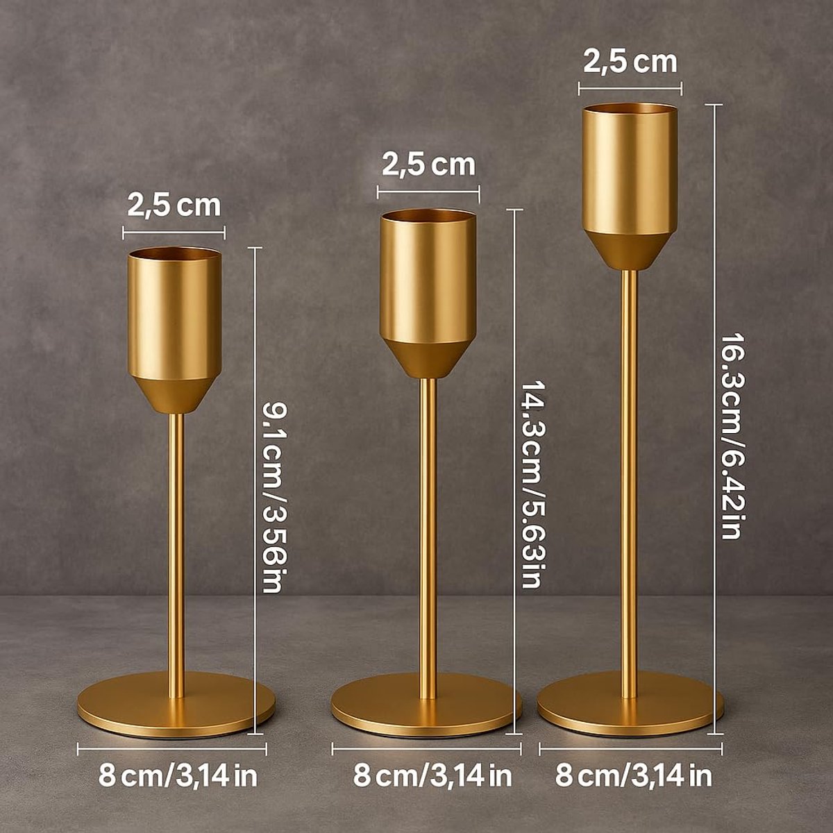 Unyqoos® Set van drie gouden metalen kandelaars voor stijlvolle tafeldecoratie — cadeau in Wonen & Interieur - foto 2