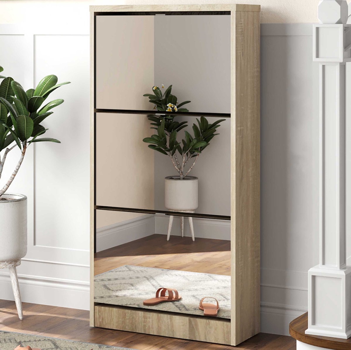 Schoenenkast Mex - 60x23x123cm - 3 Deuren - Met Spiegel - Sonoma Eik - Rousseau - Schoenenkast - Bruin - Melamine; Spiegel; Spaanplaat