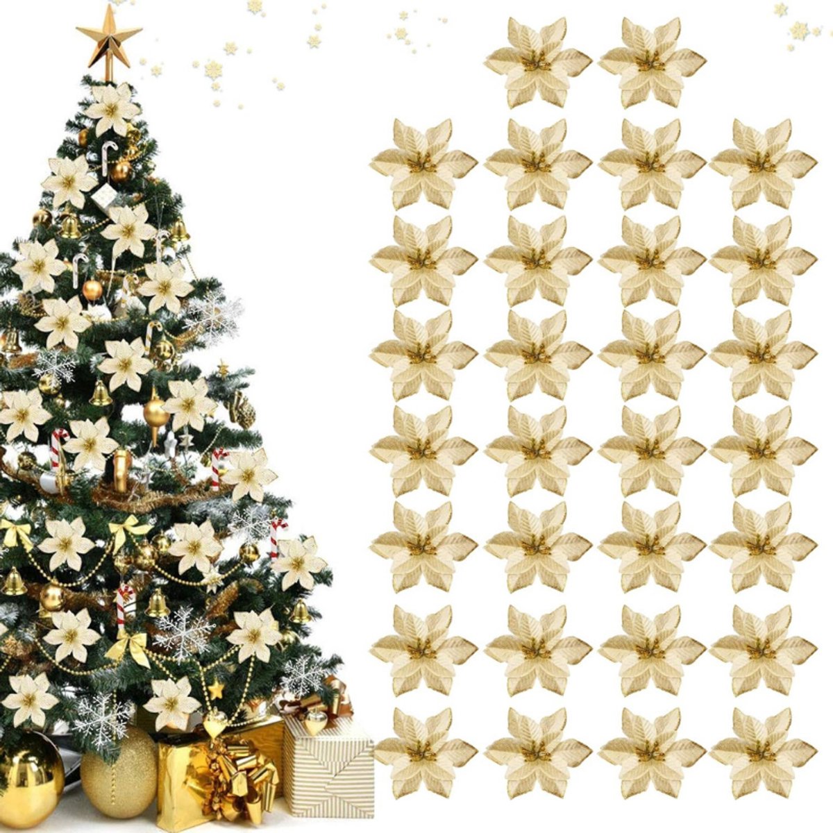 Set Van 30 Kerstdecoratie Bloemen – Kunstbloemen Voor Kerst – Sneeuwvlokken Decoratie – Kerstbomen – Boomversiering – Kunstmatige Kerstboom – Kerstkrans – Decoratieve Kerstbloemen – Ophangbare Boomdecoratie