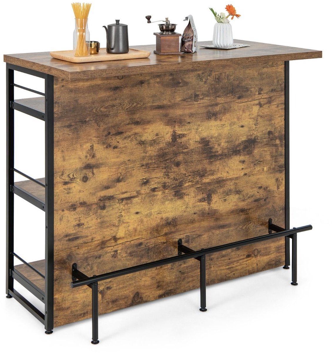Bartafel keuken - Bartafel Set - Barkruk - Barstoel - Keukenstoel - Voetsteun - Rustiek bruin