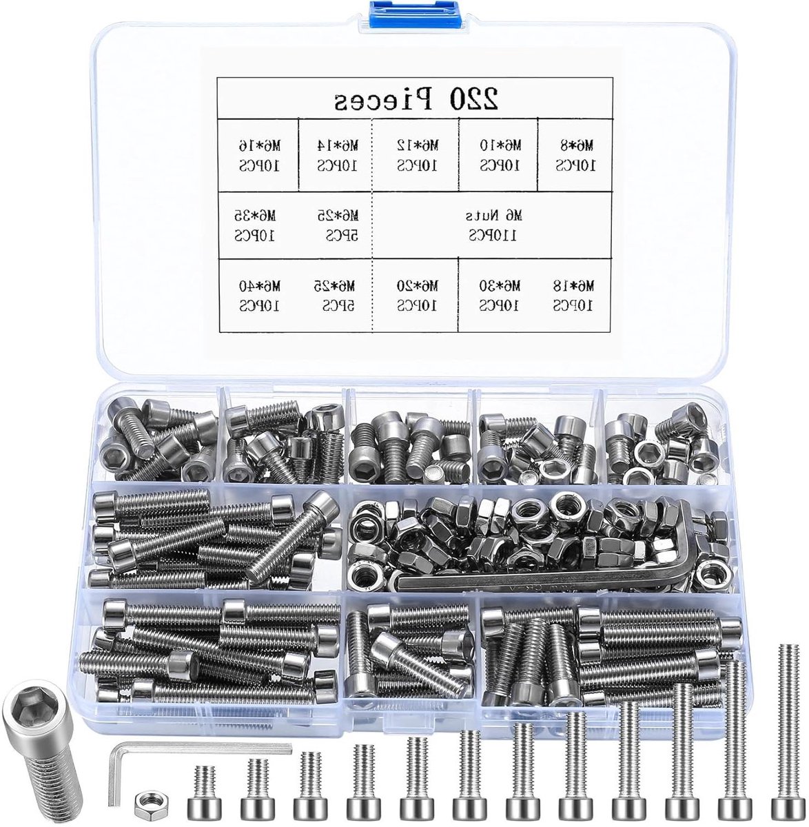 Provento - Assortiment van 220 st. M6 roestvrijstalen zeskantschroeven met sleutels