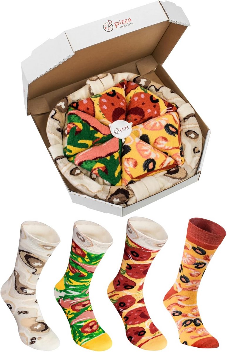 Grappige Pizzasokken in een Cadeaubox - 4 Paar Sokken met Verschillende Toppings