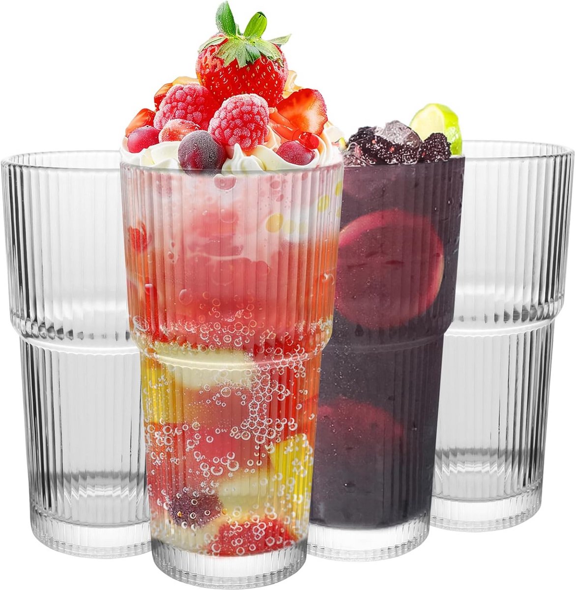 Set van 4 geribbelde drinkglazen 18oz voor koude dranken
