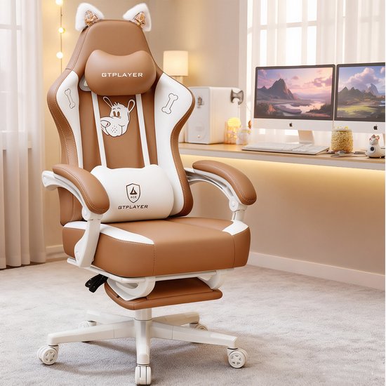 GTPLAYER - Game-stoel - Met Fluweel Stof Kattenoren en Memory Foam - Kunstleder-Bruin