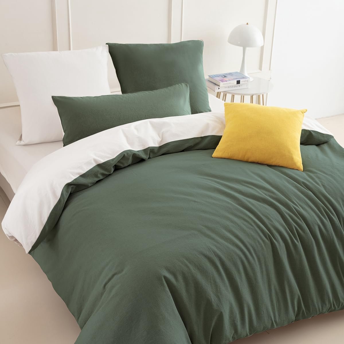 Unyqoos Elegante en Zachte Beddengoedset van Katoen met Vintage Look Donkergroen/Wit