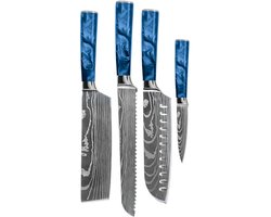 Shinrai Knives - Damascus Print Epoxy Sapphire 4-delige Messenset - Santoku + Broodmes + Nakiri + Schilmes