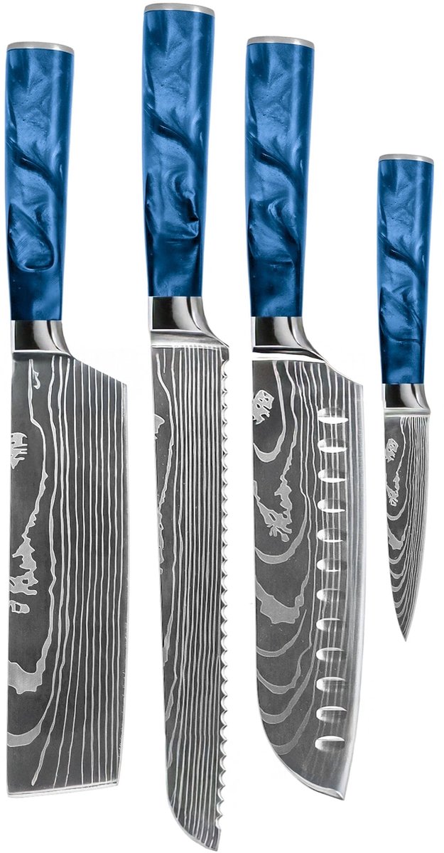 Shinrai Knives - Damascus Print Epoxy Sapphire 4-delige Messenset - Santoku + Broodmes + Nakiri + Schilmes