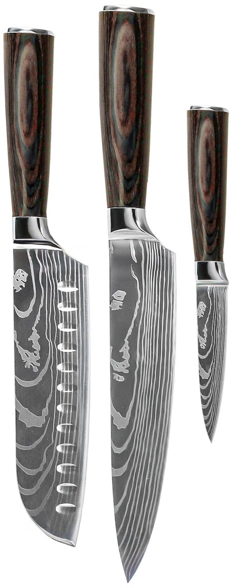 Shinrai Knives - Damascus Print 3-delige Messenset - Koksmes + Santoku + Schilmes - Koksmes - Vleesmes - Hakmes - Broodmes