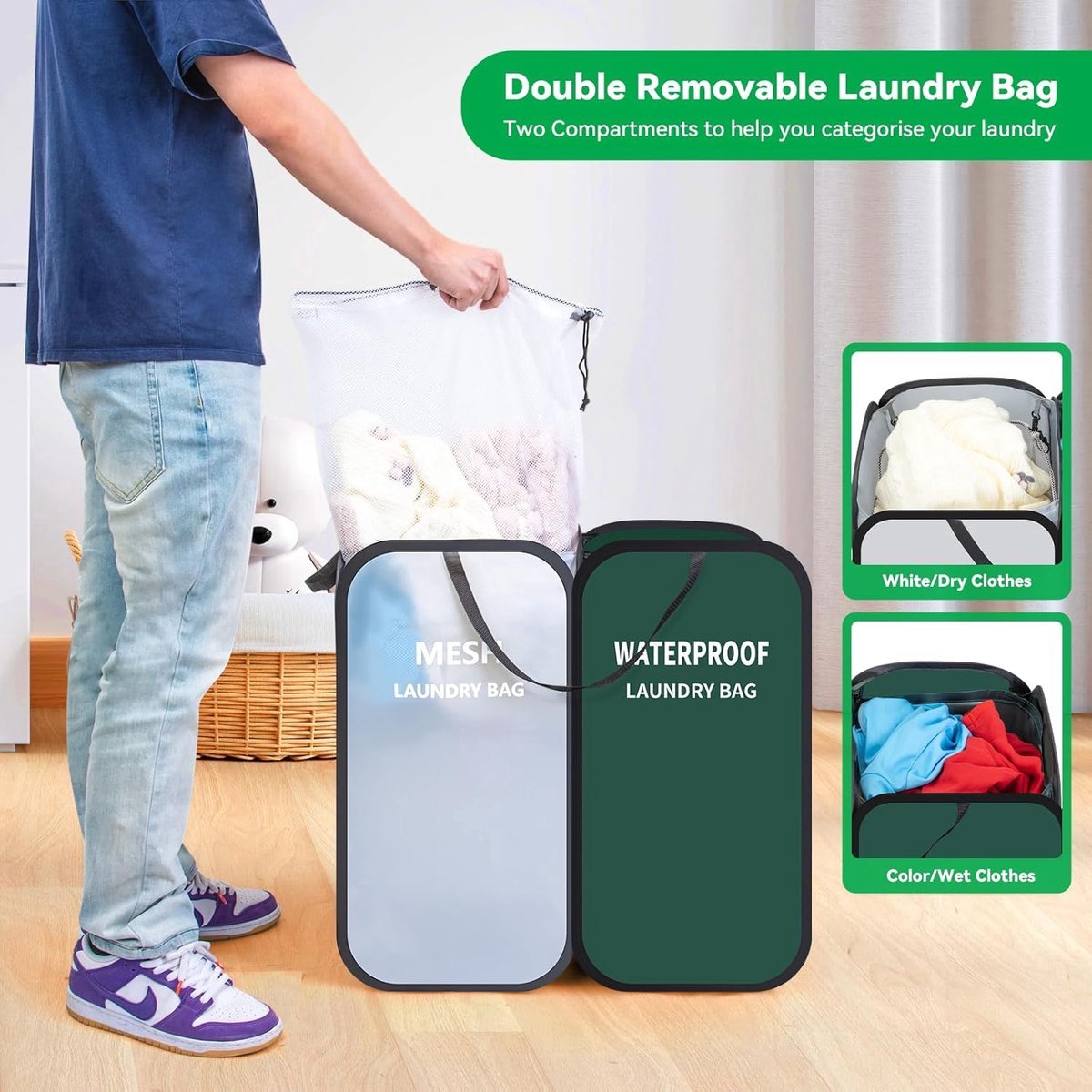 Stunq® Pop Up Wasmand met 2 Compartimenten - Duurzaam en Opvouwbaar - 1 stuk