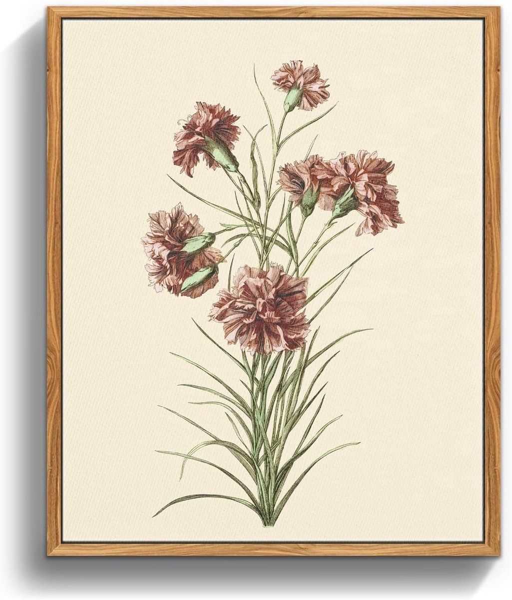 Stunq® Houten Lijst Botanische Canvas Schilderijen met Roze Anjers voor Stijlvolle Muurdecoratie