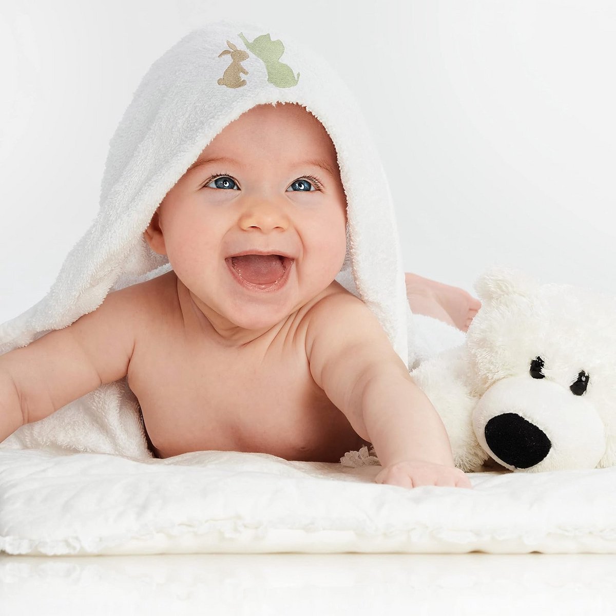 Set van 2 Witte Baby Badhanddoeken met Capuchon - 100% Katoen Olifant & Konijn Borduring