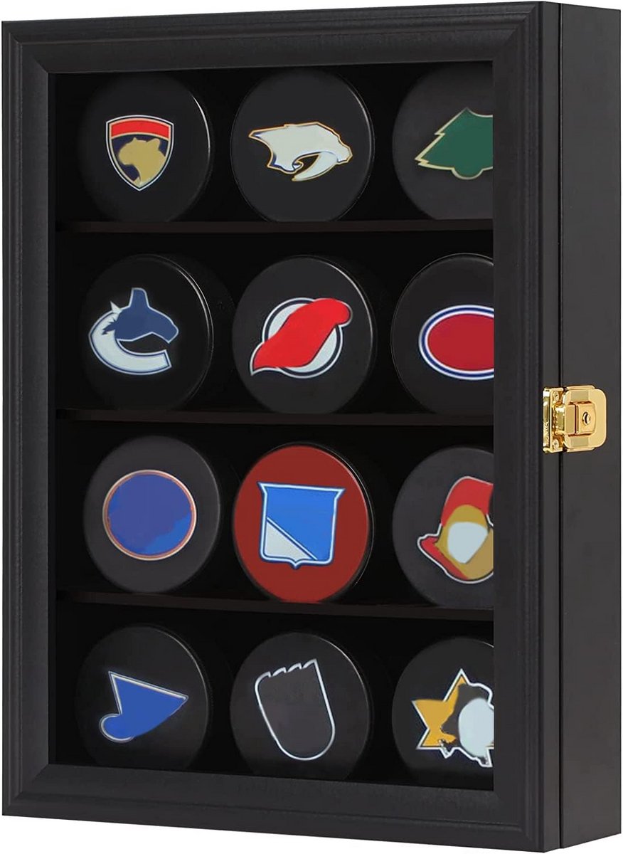 Displaykast voor 12 Hockey Pucks – Muurmontage Hockeystick Puck Houder met Glazen Deur en Slot