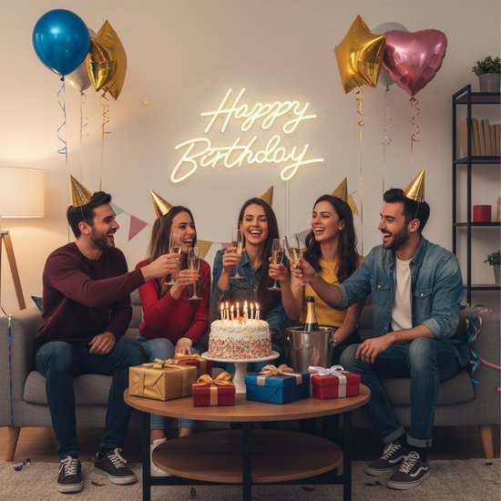 Groep vrienden viert een verjaardag met taart, cadeaus, ballonnen en een "Happy Birthday" neonbord.