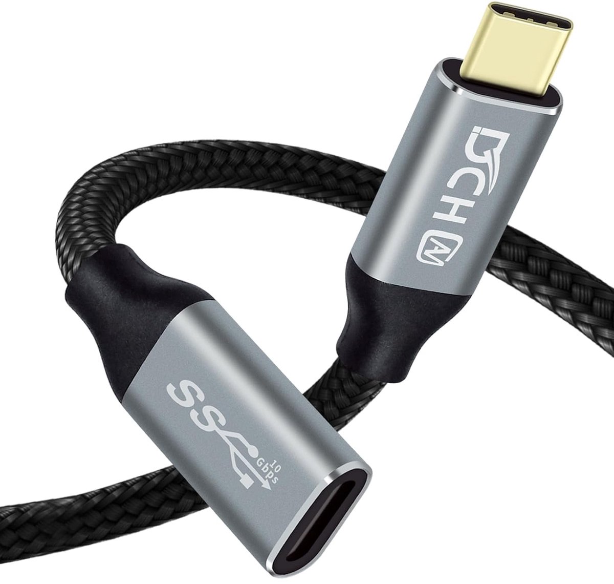 DTECH - USB-C Mannelijk naar USB-C Vrouwelijk - Gevlochten kabel - Met Goudgeplaatste Connectoren - 1 Meter - Grijs