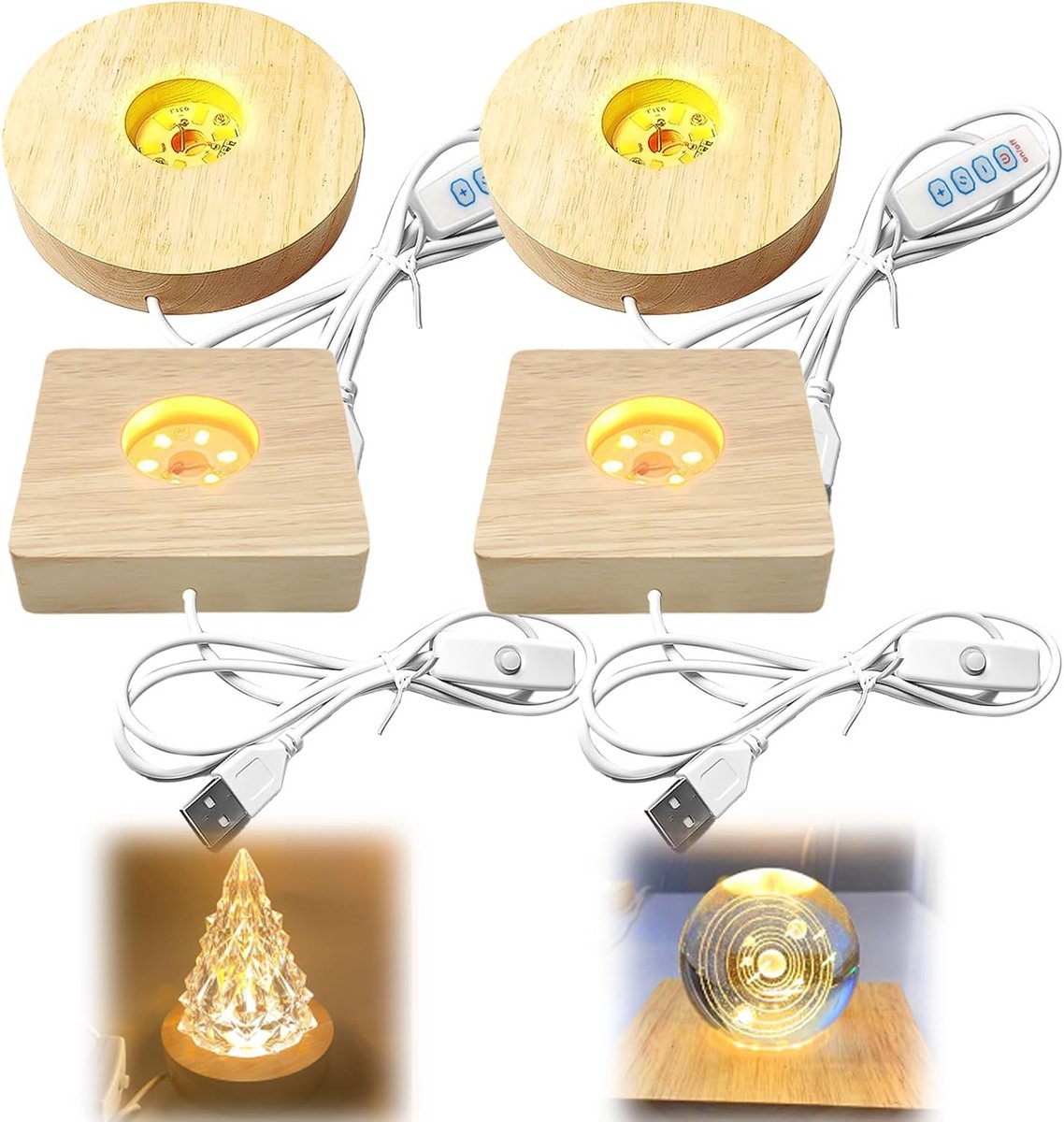 Set van 4 Houten LED Sokkels USB Verstelbaar Display Standaard