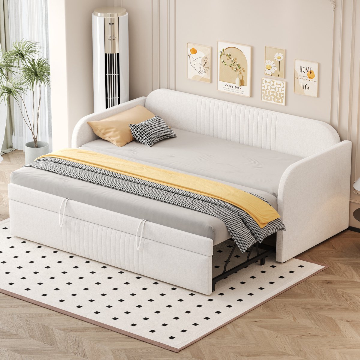 REDOM Bedframe 90x190 cm – Linnen beige – Uitrekbaar naar 180x190 cm – Met lattenbodem