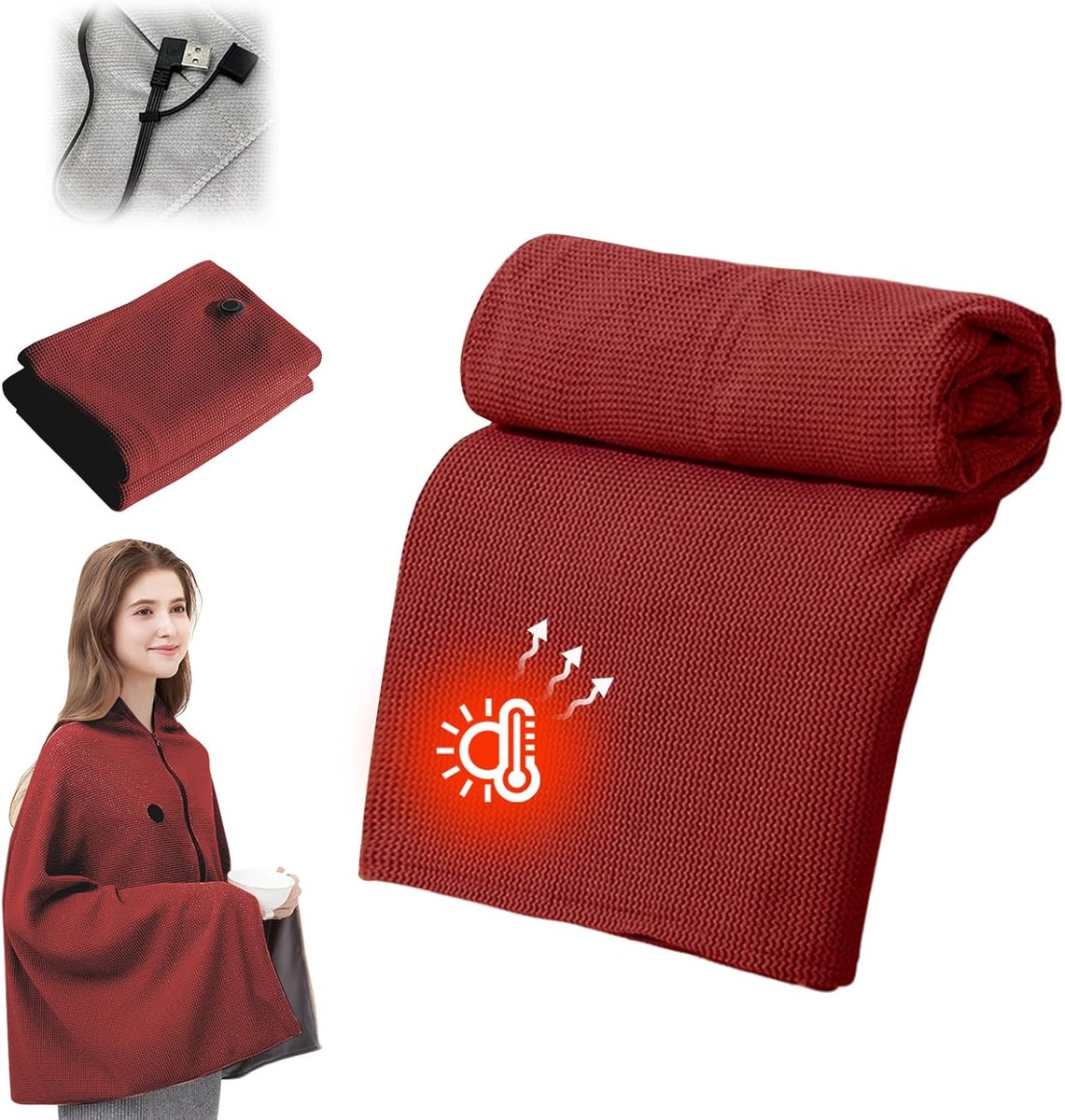 Elektrische Oplaadbare Verwarmde Deken 150x80cm Bordeauxrood