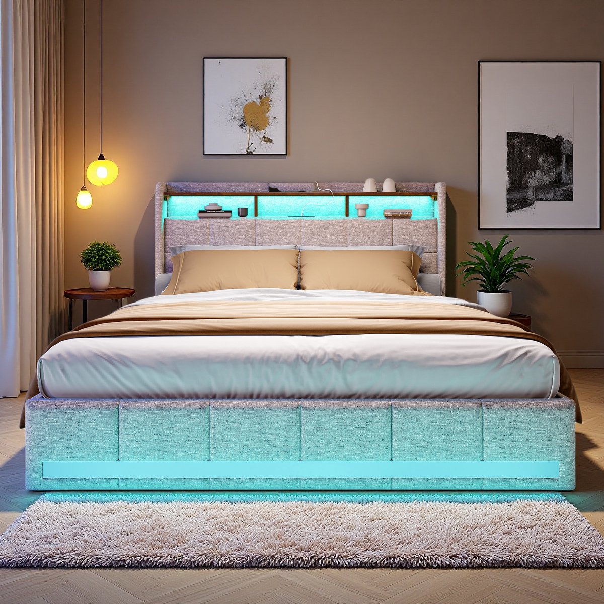 SHOPENTRA Gestoffeerd bed 180x200cm - beige linnen, 4 lades, LED-verlichting, USB & Type-C poort - ideaal voor slaapkamers