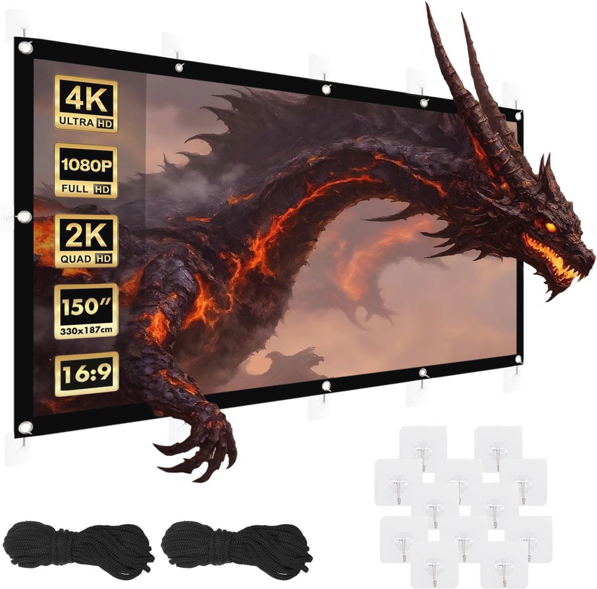 Premium Draagbaar Projectiescherm 150 Inch met Hoge Kwaliteit Polyester en Brede Kijkhoek