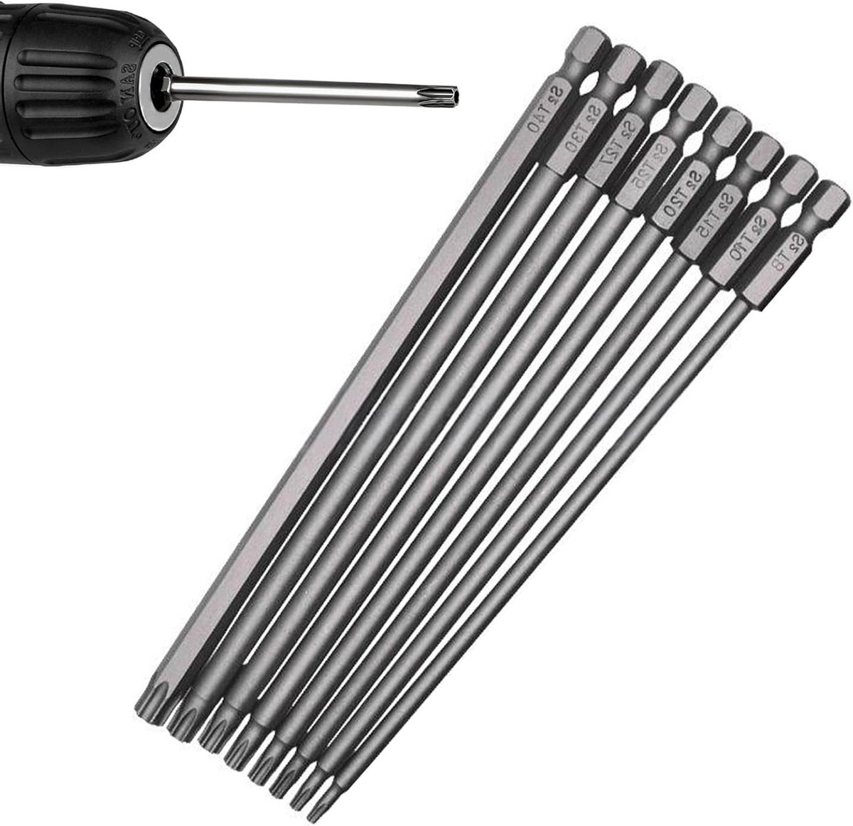 Torx schroevendraaier set 8-delig - beveiligingsschroevendraaiers - 200mm - 1/4 inch zeskantschacht - T8-T40 - S2 gelegeerd staal - lang - precisie gereedschap - geschikt voor boren - zwart metaal.
