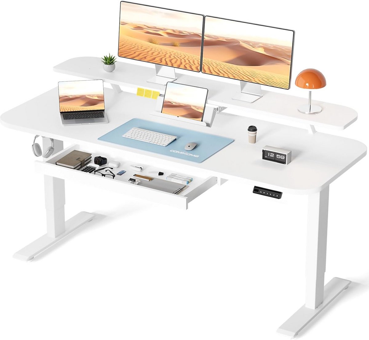 In hoogte verstelbaar elektrisch bureau 120 x 60 cm met laden en monitorstandaard - wit