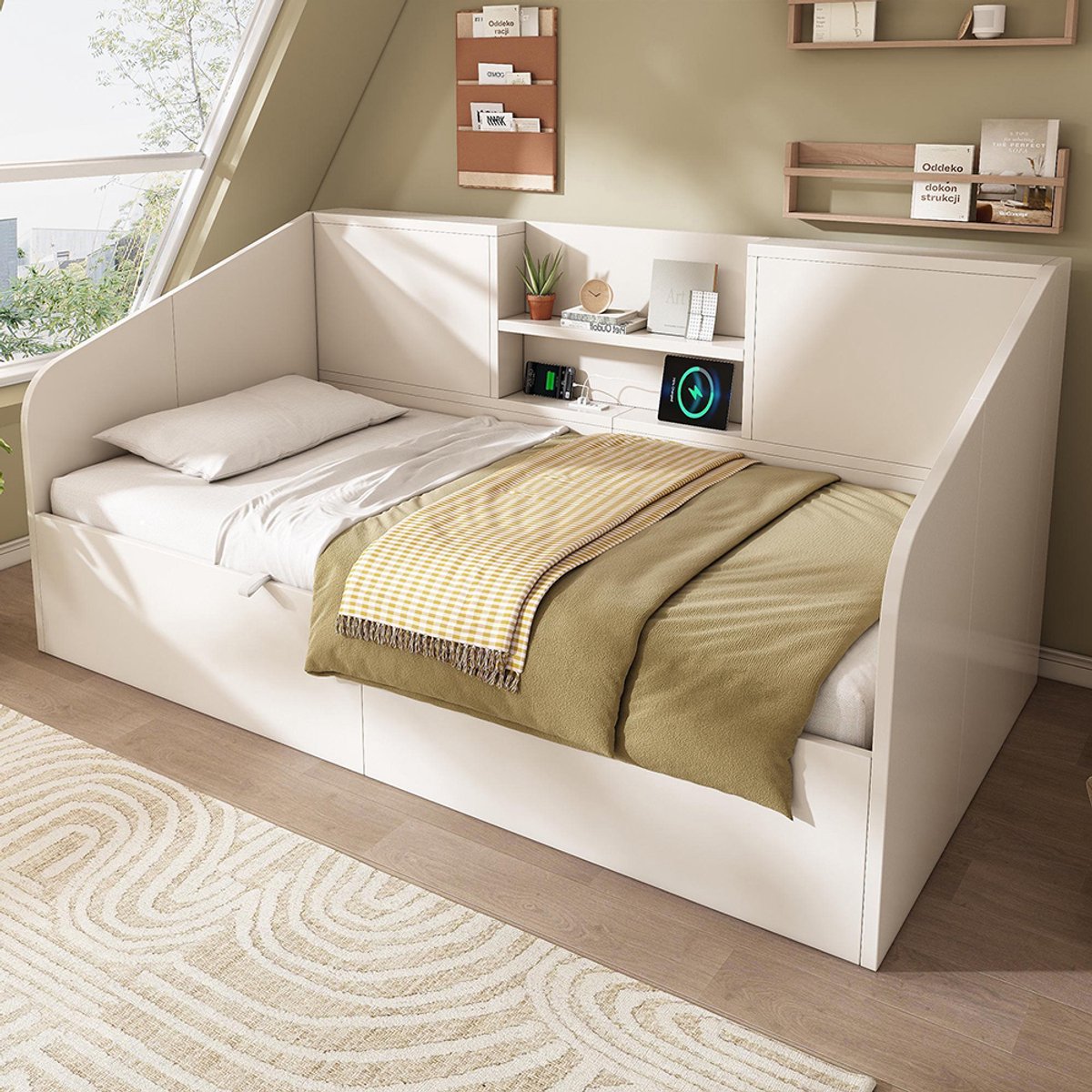 BLACKCOLORS Hydraulisch dagbed 90 x 190 cm in wit, houten bed met 2 planken, grote opbergruimte en USB/Type-C-oplaadstation, inclusief lattenbodem, ruimtebesparend eenpersoonsbed (zonder matras)