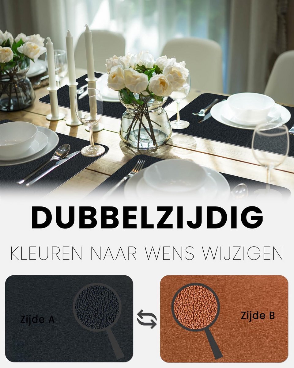 Set van 6 Wasbare Tafelloper met Onderzetters, Dubbelzijdig Lederlook