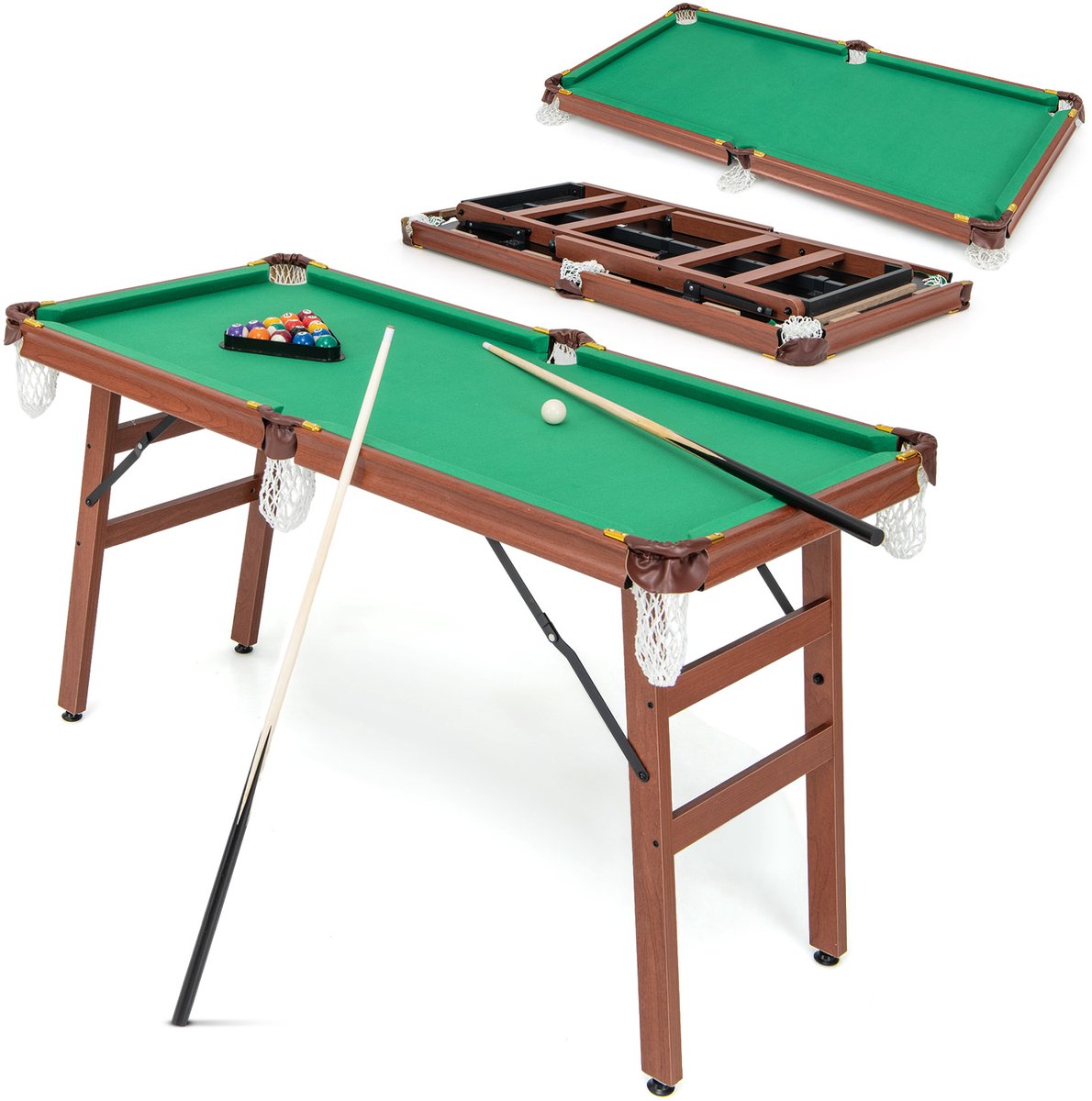 Costway COSTWAY Biljarttafel inklapbaar, biljarttafel incl. 2 keus, 16 biljarts, 2 krijten, driehoek, borstel, poolbiljarttafels voor thuis, bar, 138 x 67 x 79,5 cm