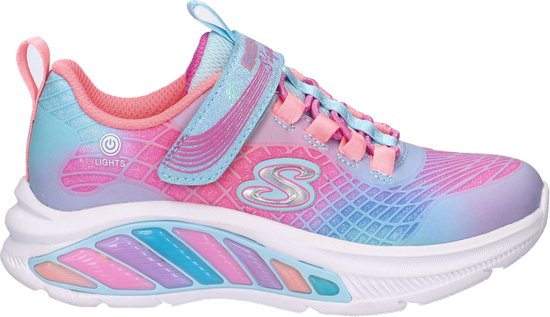 Roze, blauwe en paarse sneaker met klittenbandsluiting en gekleurde zool.