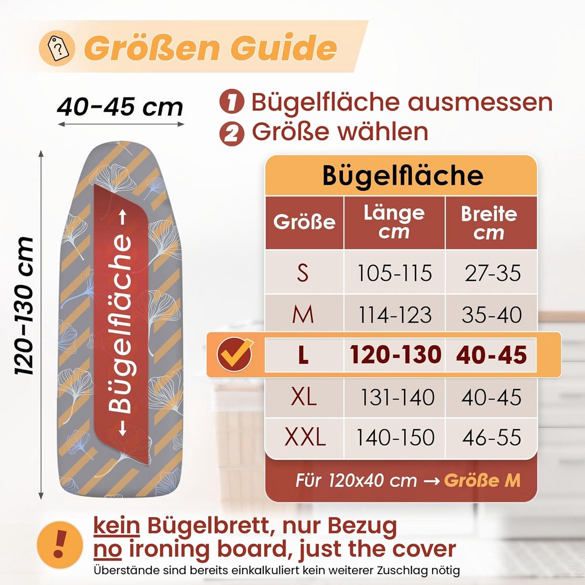 Universele strijkplankhoes 130 x 45 cm met warmte reflector en dikke vulling