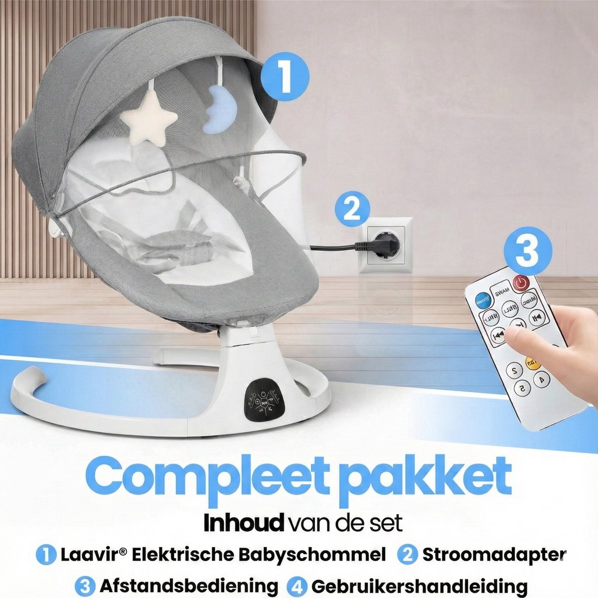 Laavir® Baby Swing – Elektrische Babyschommel – Automatische Wipstoel met Bluetooth & Afstandsbediening – Schommelstoel met 5 Snelheden – 5-Puntsgordel – Wasbare Hoes – Tot 9 kg – Grijs — afbeelding 3