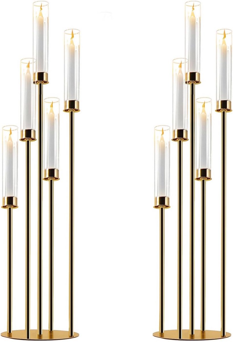Luxe gouden kandelaar met 5 armen en glazen houders voor echte kaarsen