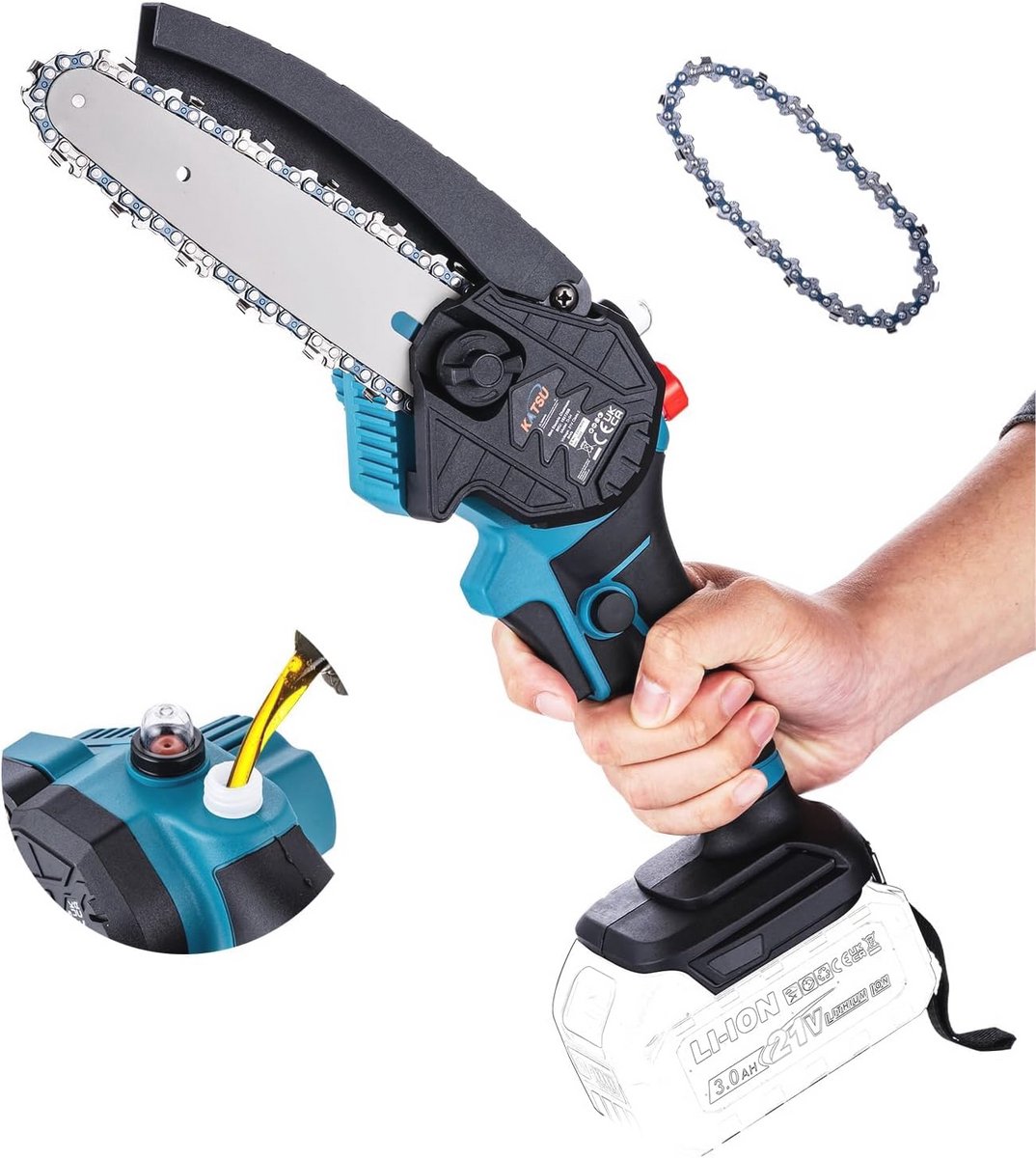 Accu-kettingzaag 21V met Handmatige Oliepomp en Extra Ketting voor Boomtakken en Houtsnoei