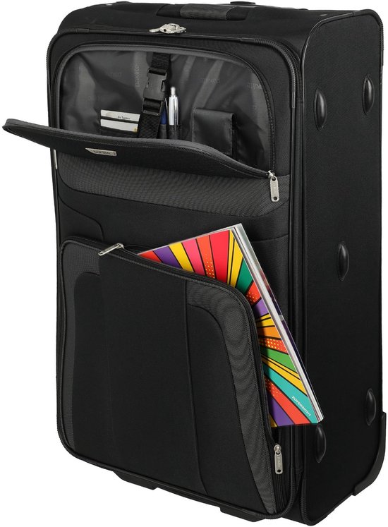 Valise noire avec compartiment supérieur ouvert contenant des stylos et un magazine dans un compartiment inférieur.