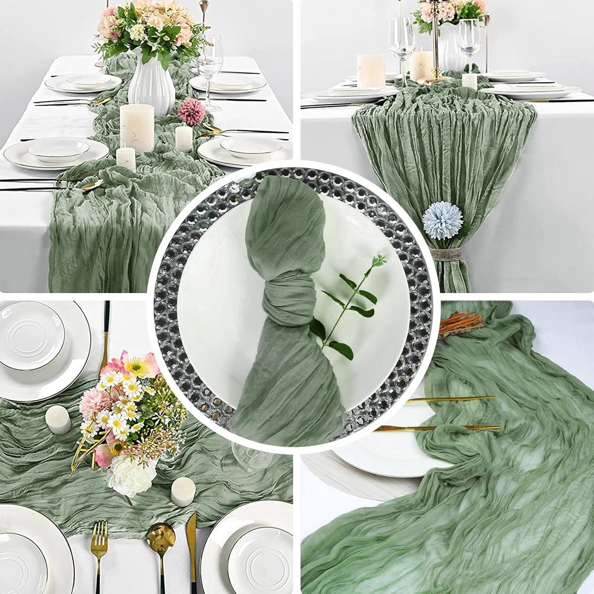 Lange Tafelloper Kaasdoek Boho Stijl 400x90 cm Saliegroen - Set van 2