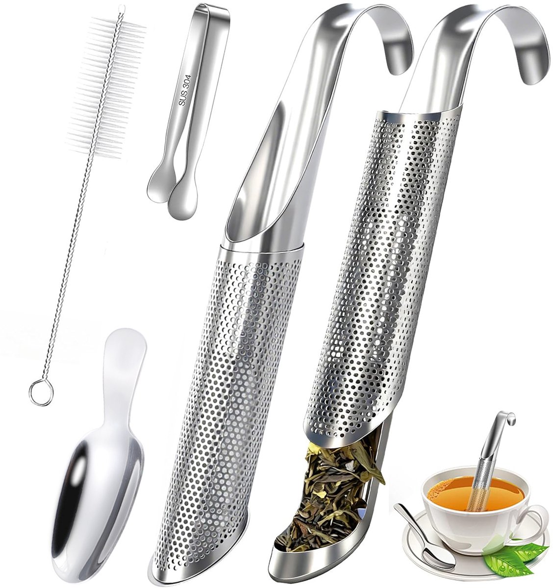 DOWO® - Theezeef - RVS Theefilter - Met Klem en Theelepel - Met reinigingsborstel - Thee Filter Voor Losse Thee - Thee Infuser - Thee ei - 2 Stuks