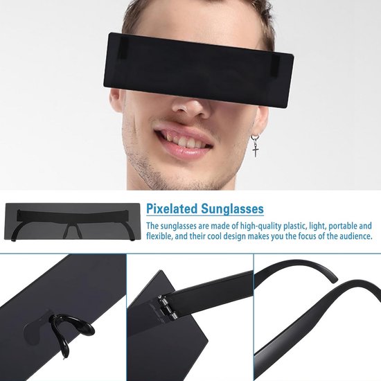 Darryy 3 stuks rechthoekige zonnebril, censuurbril, zonnebril, pixelige mozaïekbril, grappige partybrillen voor carnaval, party, cosplay, kostuum, Halloween, verjaardag — afbeelding 3