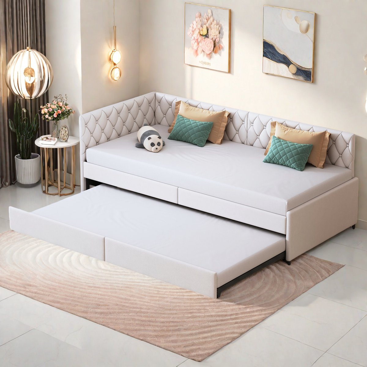 Uitschuifbare slaapbank 90x200 cm – Beige fluweel – Multifunctionele eenpersoons slaapbank – Ruimtebesparend