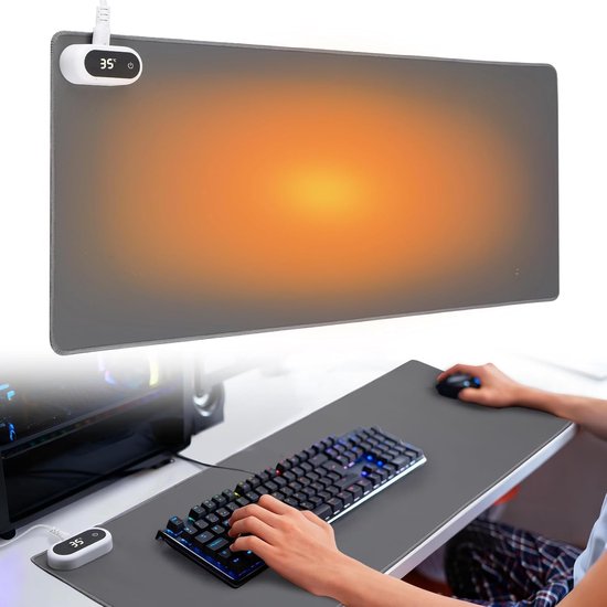 Verwarmde muismat - Verwarmde bureau onderlegger - verwarmde muismat voor koude handen - Waterdichte verwarmde bureau - 5 verwarmingsniveaus en automatische uitschakeling met timer -Waterdicht PU-leer - 80 x 33 cm - Geschikt voor thuis/kantoor-grijs