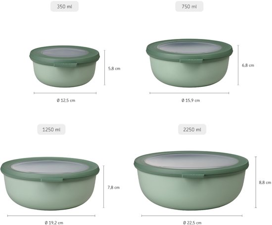 Quatre bols Mepal vert pâle avec couvercles verts, dimensions 350ml, 750ml, 1250ml et 2250ml.