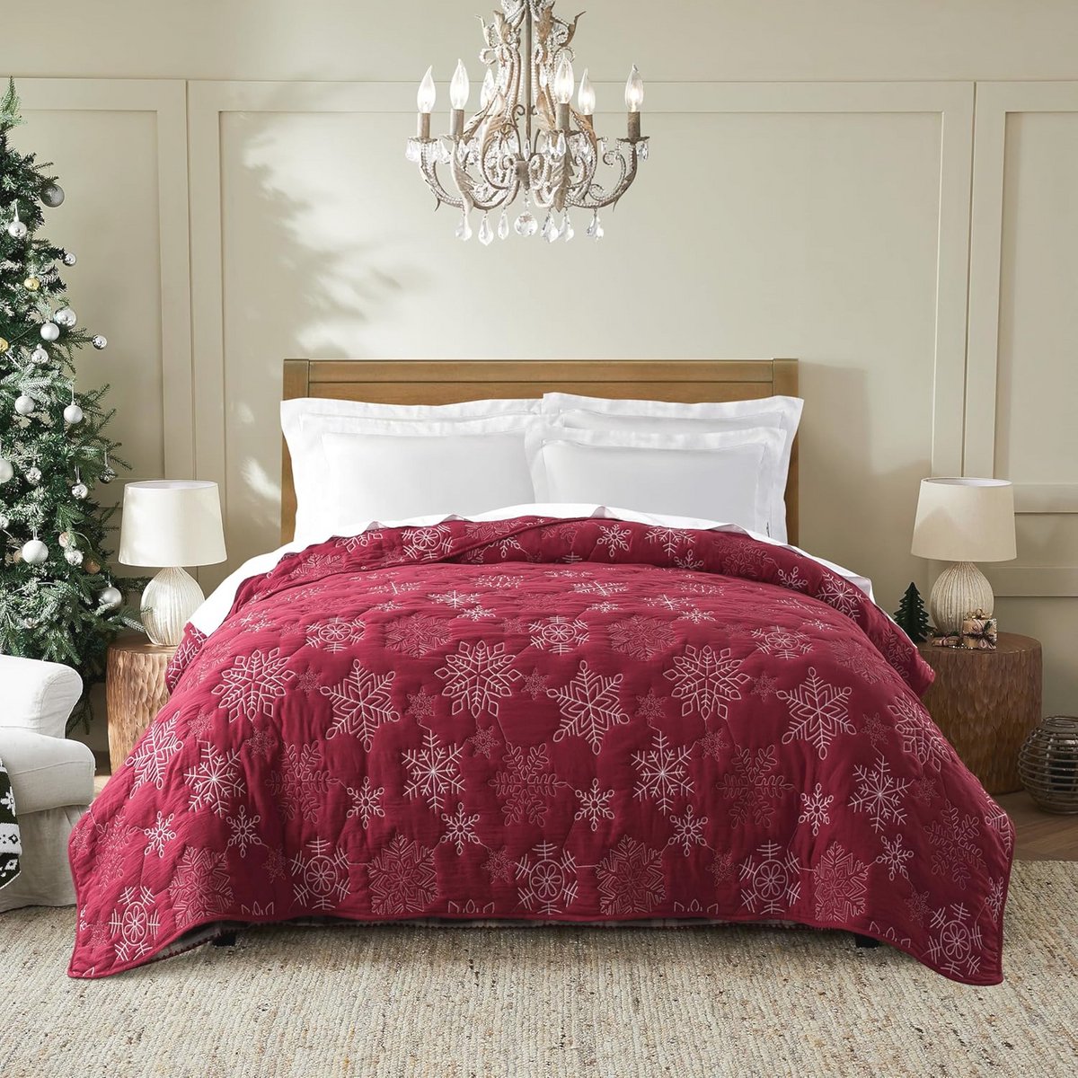 Gewatteerde Sneeuwvlok Sprei voor Tweepersoonsbed - Winterdecoratie 220 x 240 cm