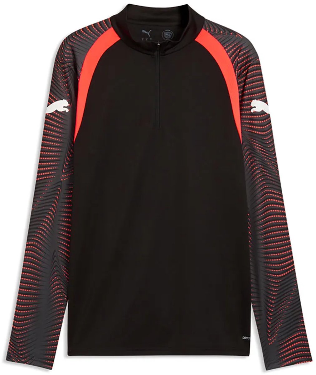 Zwarte Puma T-shirt met lange mouwen, 2XL, met rode accenten en een moderne, sportieve uitstraling.