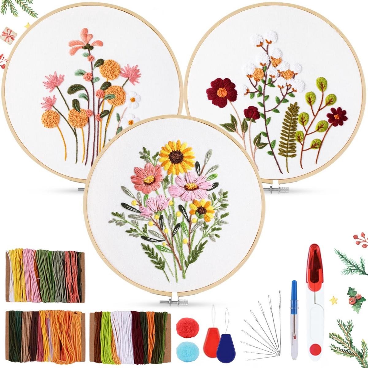 GELLDG Borduurpakket voor beginners - Bloemenpatroon Botanisch kruissteekpakket - Inclusief 2 borduurringen - Geschikt voor doe-het-zelf kunst, knutselen en naaien